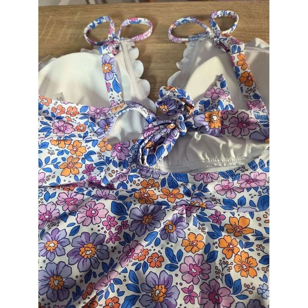 Charmo Womens Floral Wrap One Piece Swimsuit UPF 50+ Purple Orange Blue XL NWT